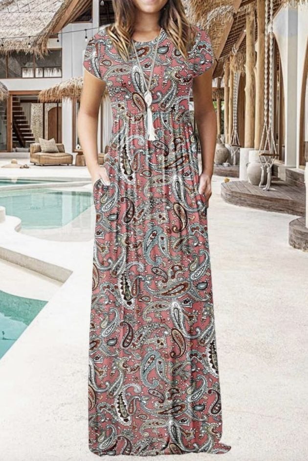 Womens 2025 Short Sleeve Loose Plain Casual Long Maxi Dresses 